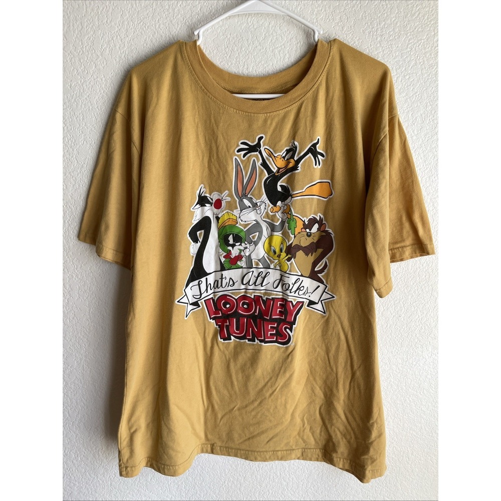 Looney Tunes That's All Folks Yellow Shirt Adult Size XL Casual T-shirt Short
